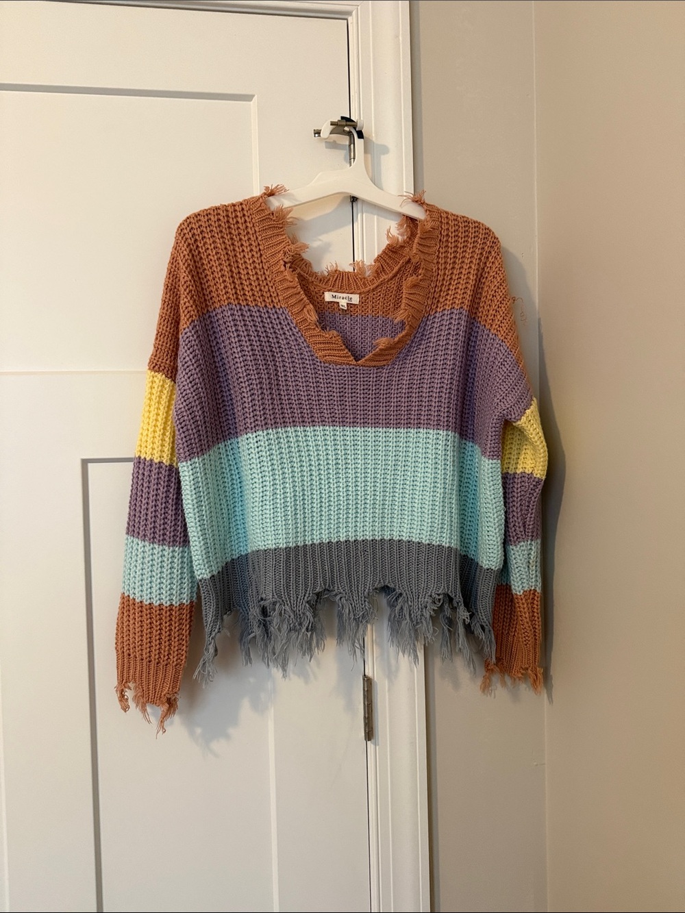Miracle Striped Distressed Knit Sweater - Rust, Lavender, Mint, Gray, Yellow